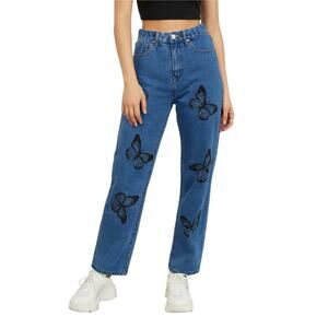 Rue 21 Y2k High Rise Straight Leg Butterfly Jeans Size 4 Waist 27" 2000s